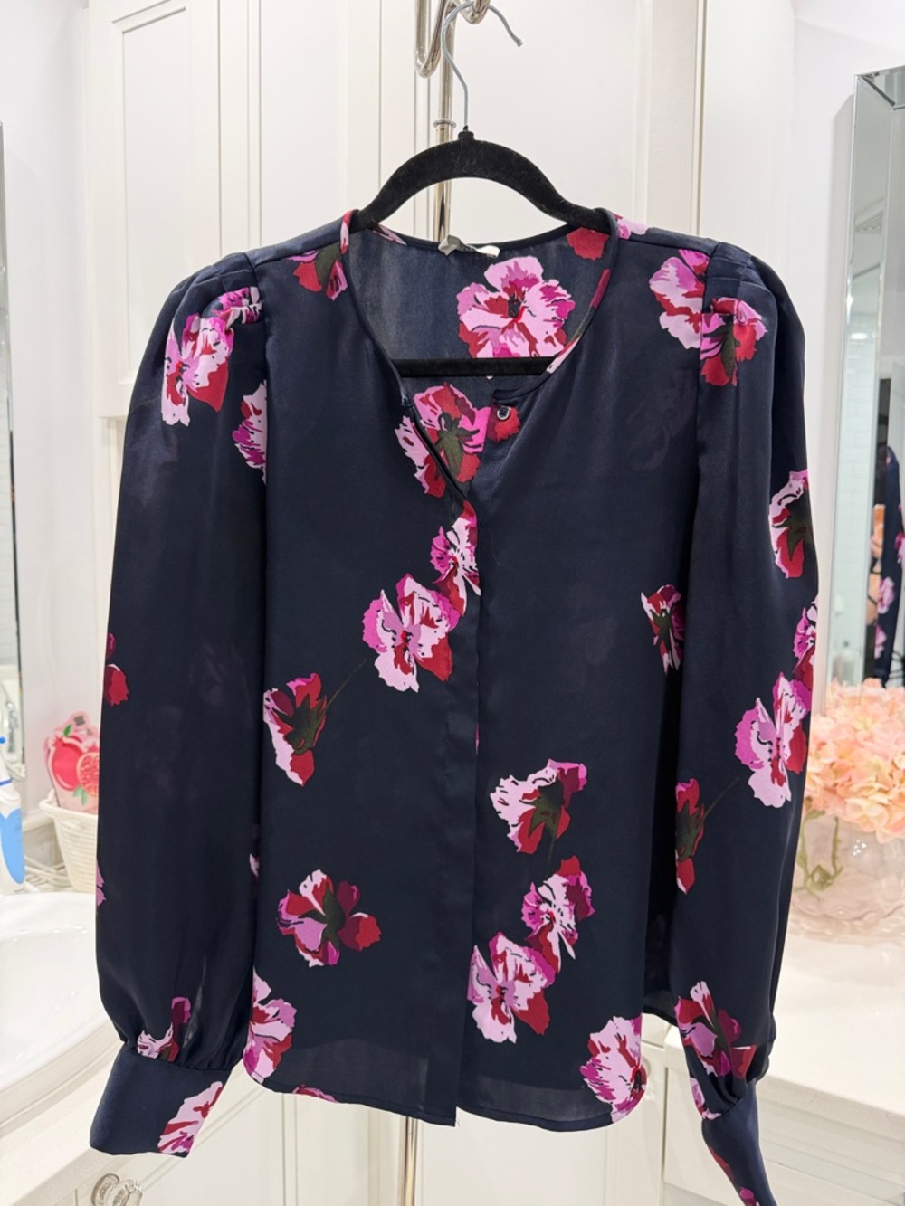 Joie Navy Blouse with Pink Floral Print